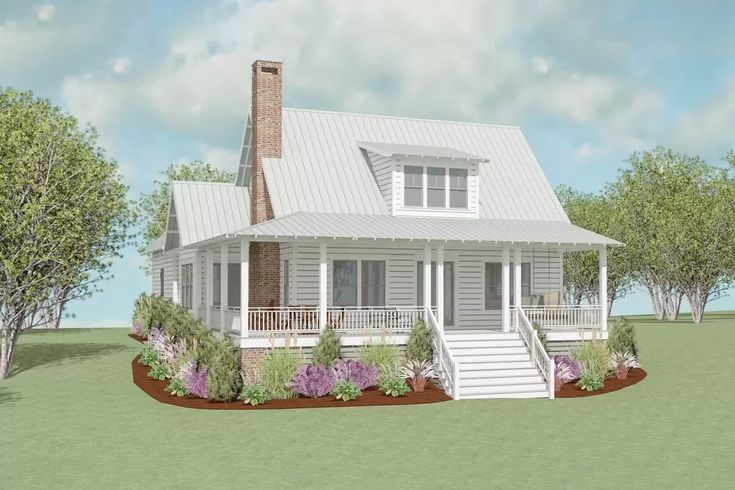 this is an artist's rendering of a small house with porches and stairs