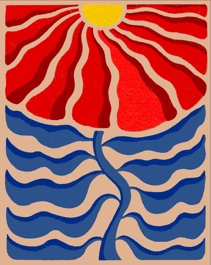 a red and blue sun over water with waves in the foreground on a beige background