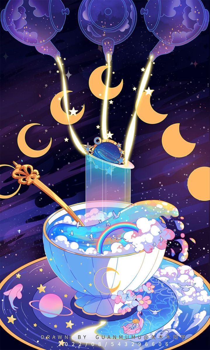 a cup filled with liquid sitting on top of a plate next to stars and moon