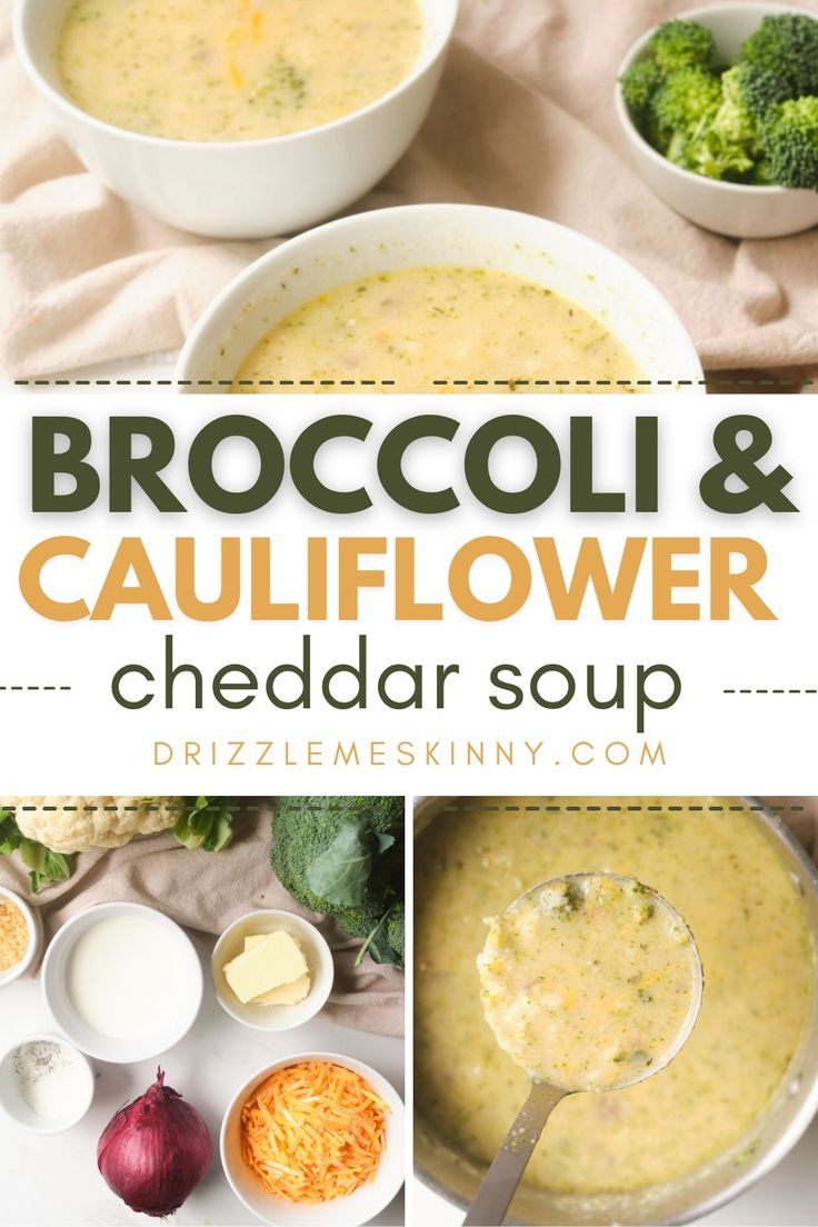 broccoli and cauliflower cheddar soup in white bowls