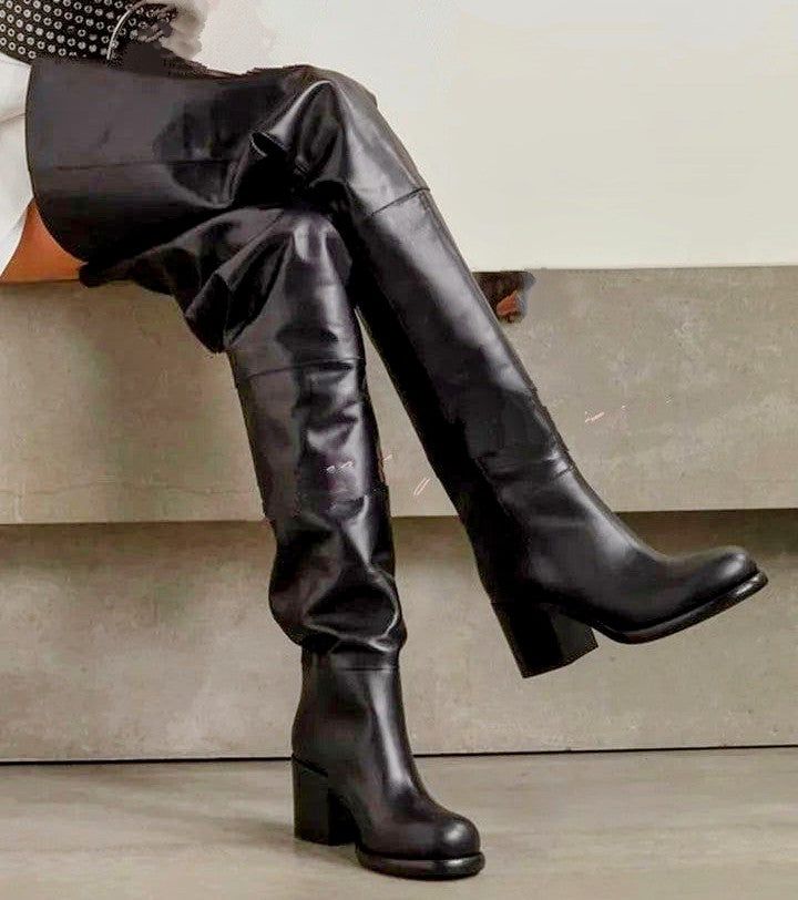 Introducing the over-sized pocket thigh boots are the perfect addition to any wardrobe. Crafted from faux leather and a rubber sole, these boots are sure to last. With sizes ranging from 35-41 and a heel height of 10cm/12cm, you'll be sure to find the perfect fit. These boots are the perfect combination of style and comfort. With a 2-4 week delivery time, you'll be able to enjoy your new boots in no time. Get your Boots today and make a statement! Please note the the fit in the last pictures. Mo Leather Over-the-knee Platform Boots For Fall, Trendy Over-the-knee Leather Boots, Winter Thigh-high Leather Platform Boots, Thigh High Leather Platform Boots For Winter, Winter Leather Thigh High Platform Boots, Trendy Leather Over-the-knee Platform Boots, Trendy Leather Over-the-knee Boots, Leather Over-the-knee Heeled Boots For Fall, Fall Over-the-knee Faux Leather Heeled Boots