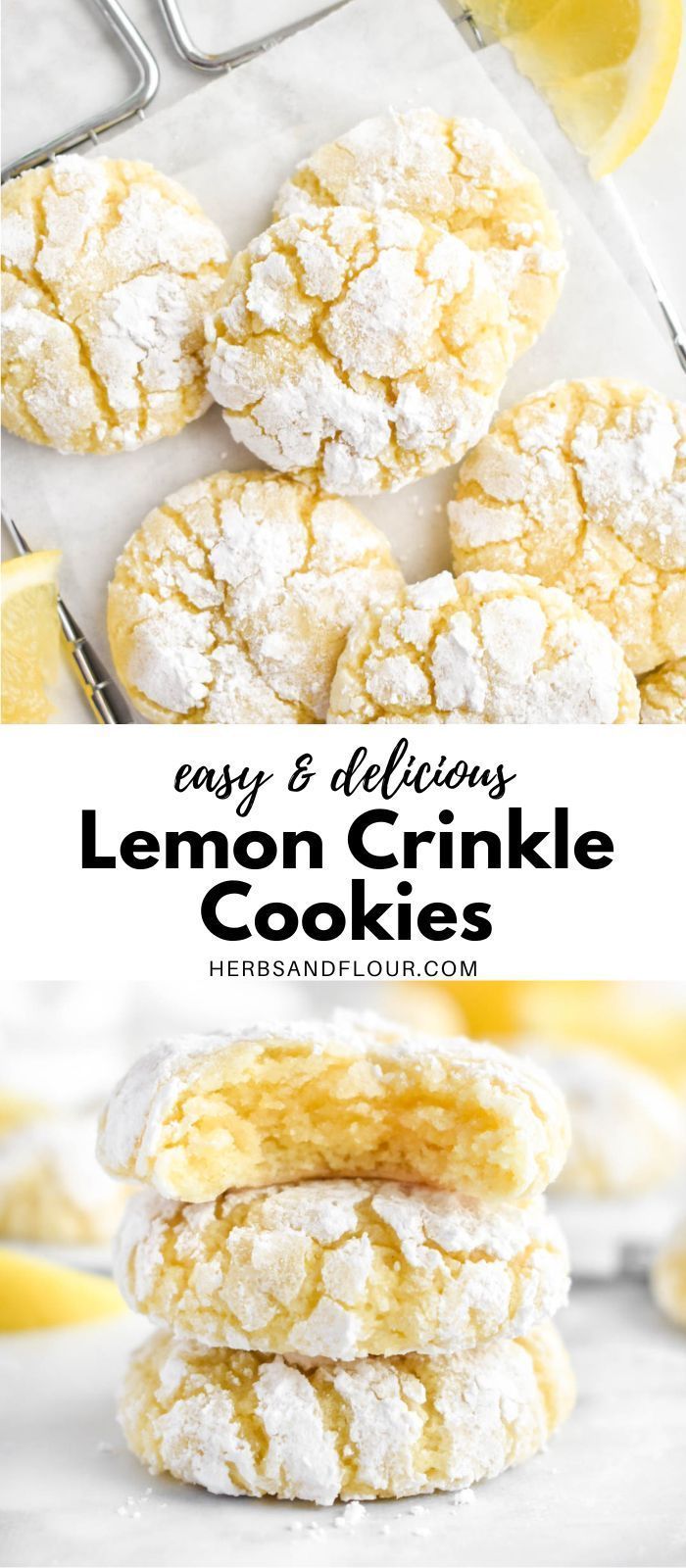 lemon crinkle cookies stacked on top of each other with the words easy and delicious