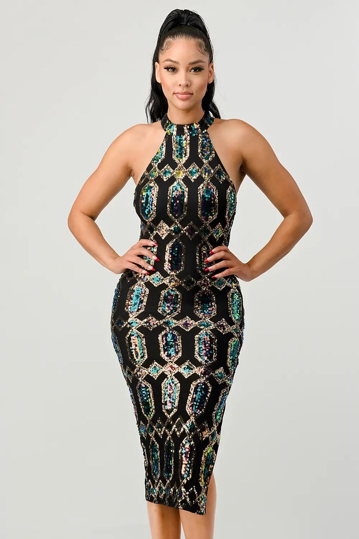 Look your best in this stunning halter midi dress, featuring a distinct diamond pattern adorned with alluring sequins. Perfect for any formal event or night out, this flattering style will make you the center of attention. Lux pattern Sequins Halter Sleeveless Bodycon Slitted Midi dress 50%polyester 50%pet Sequin Halter, Midi Dress Style, Halter Midi Dress, Look Your Best, Midi Dress Bodycon, 50's Dress, Diamond Pattern, Formal Event, Halter Dress