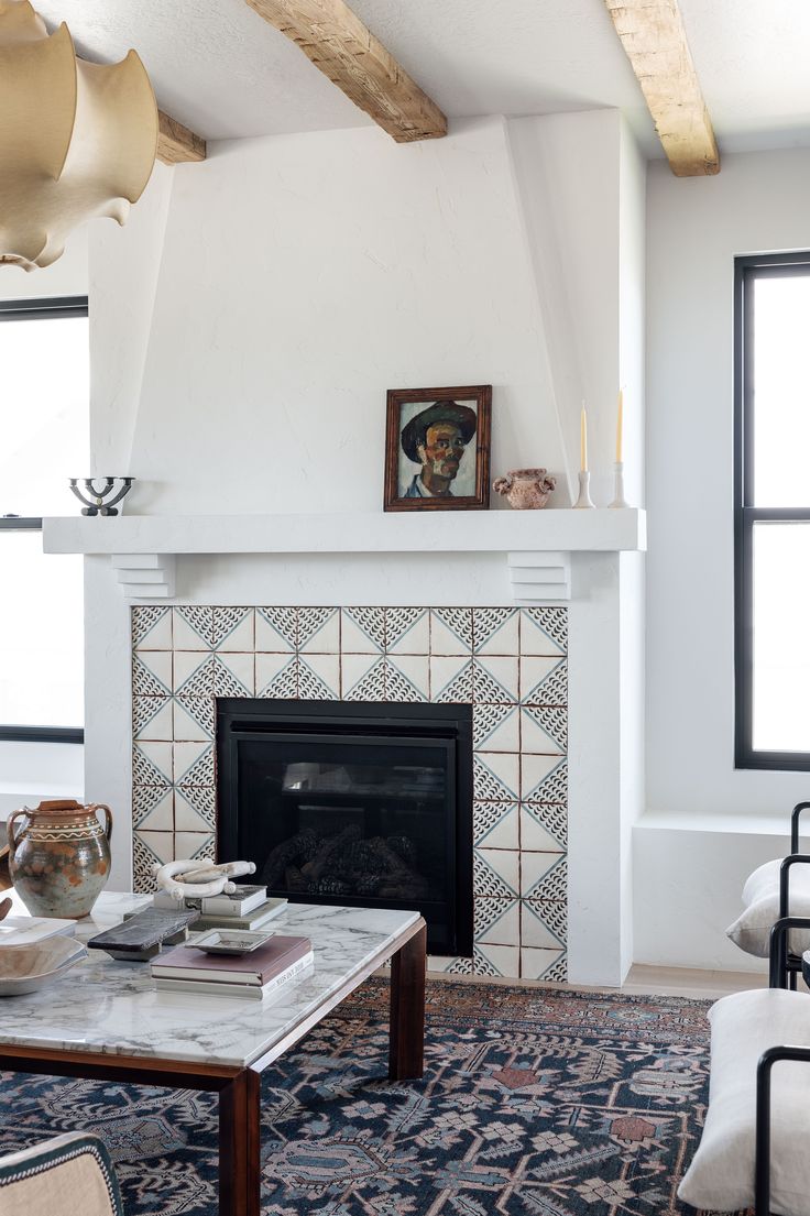 a living room filled with furniture and a fire place in front of a painting on the wall