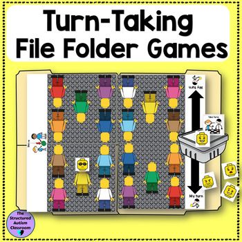 a yellow sign that says turn taking file folder games