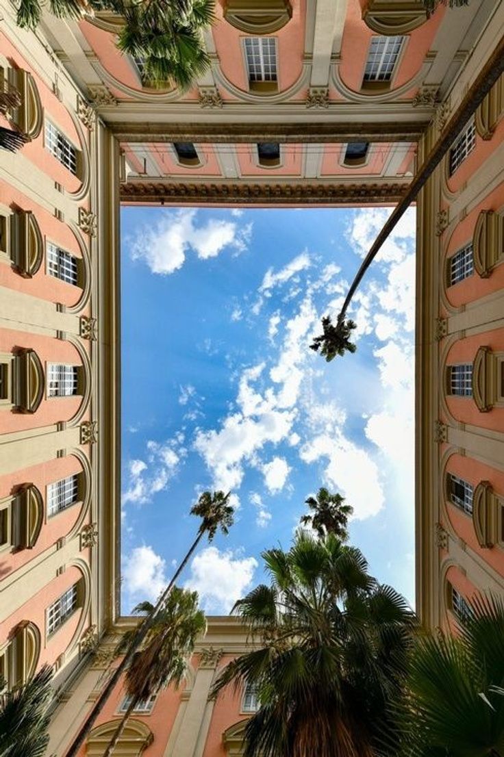 looking up at the sky through an arch in a building with palm trees on either side