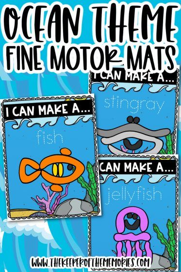 ocean theme fine motor mats with an octopus and jellyfish on the bottom, and text that