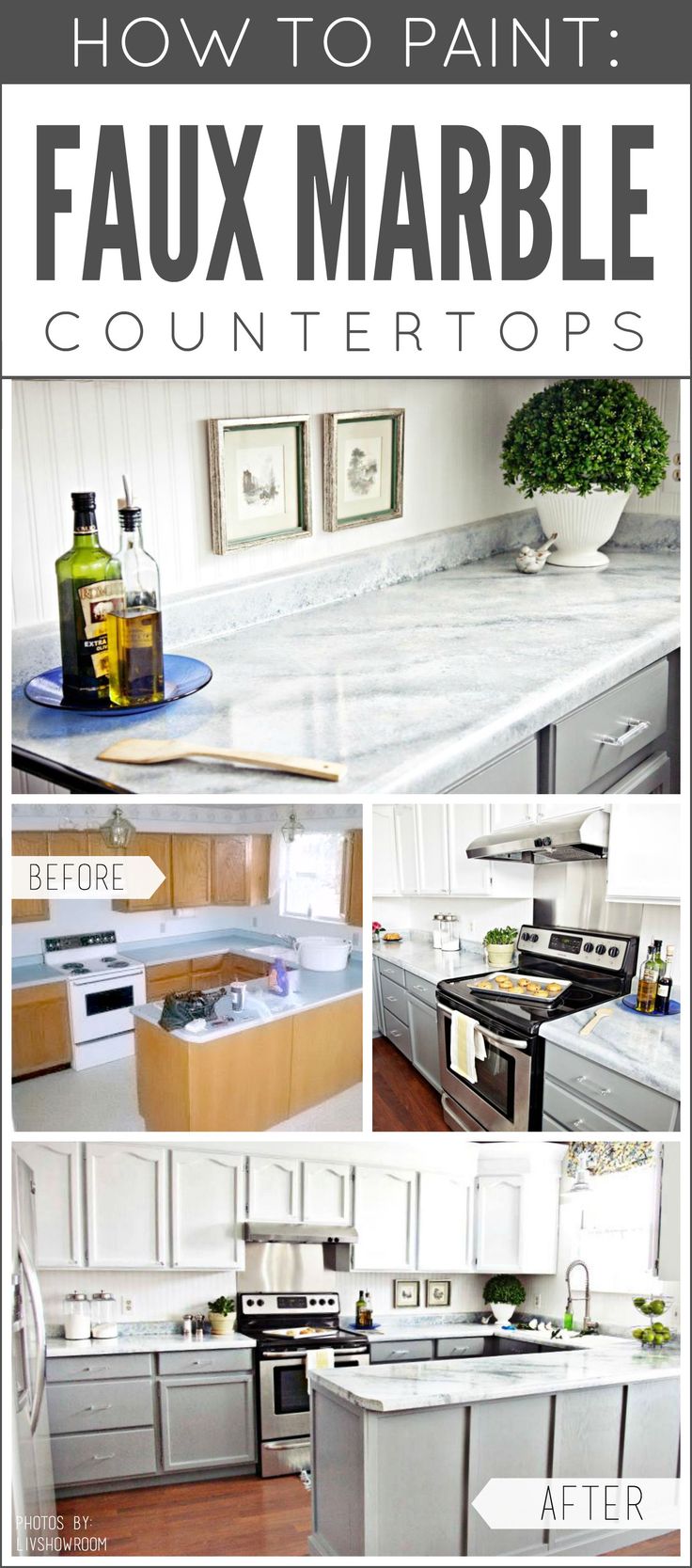 how to paint faux marble countertops in white and gray colors with text overlay that reads how to paint faux marble countertops