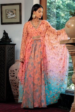 Peach and blue ombre panelled kaftan with floral vine printed motifs, placed sequin embroidery and bead tassels. Comes with inner slip. - Aza Fashions Designer Georgette Kaftan With Printed Motifs, Multicolor Georgette Kaftan For Eid, Georgette Kaftan With Printed Motifs, Designer Multicolor Georgette Kaftan, Flowy Multicolor V-neck Kaftan, Multicolor V-neck Kaftan With Floral Embroidery, Floral Embroidered Kaftan For Beach Cover-up, Bead Tassels, Kaftan Women