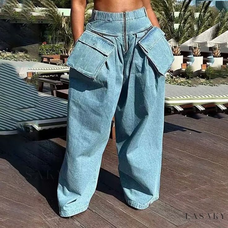 Lasaky - Stylish High-Waisted Wide-Leg Jeans with Chic Decorative Oversized Pockets and Loose Fit Design Fall Outfits Black Women, High Waisted Wide Leg Jeans, Style Wide Leg Pants, Zipper Jeans, Denim Patterns, Long Jeans, Blue Outfit, Look Plus, Wide Leg Denim