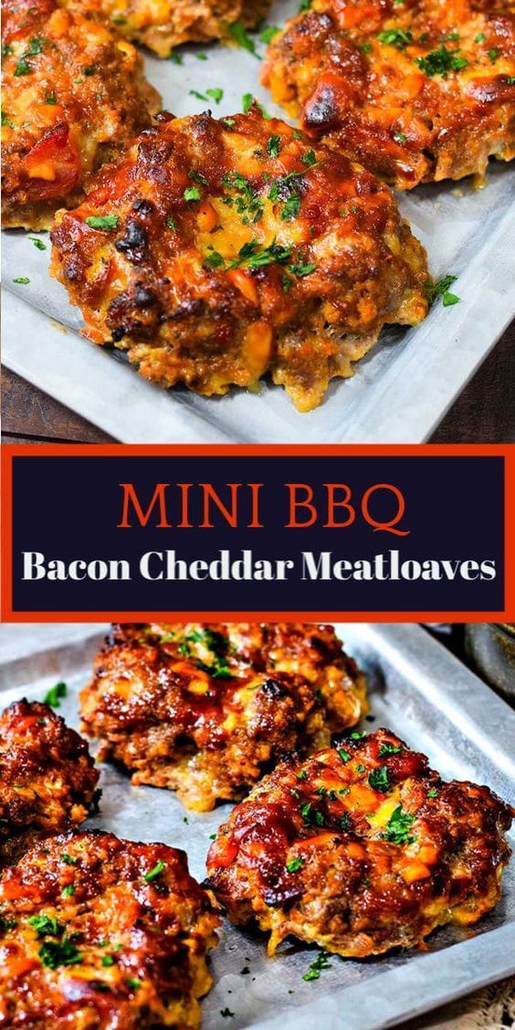 mini bbq chicken meatloaf on a baking sheet with the title above it