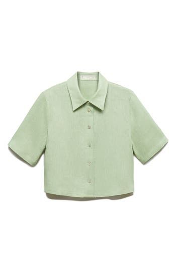 A sharp point-collar tops this lightweight linen button-up cut with short sleeves and a boxy silhouette. Front button closure Point collar Short sleeves 100% linen Machine wash, line dry Imported Green Short Sleeve Button Up, Pastel Button Up, Green Spread Collar Blouse For Summer, Linen Button-up Work Shirt, Linen Button-up Shirt For Work, Green Short Sleeve Button Shirt For Spring, Green Short Sleeve Shirt With Buttons For Spring, Linen Tops With Spread Collar And Placket, Summer Blouse With Spread Collar And Button Closure