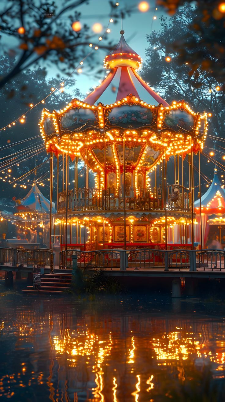 a merry go round is lit up at night