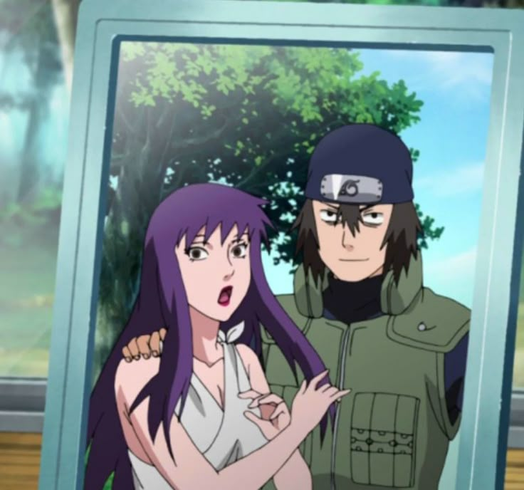 two anime characters standing next to each other in front of a window with trees behind them