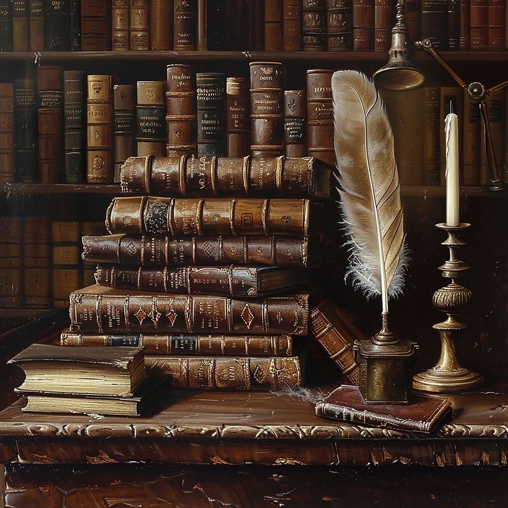 an oil painting of books and a feather quill on a table in front of a bookcase