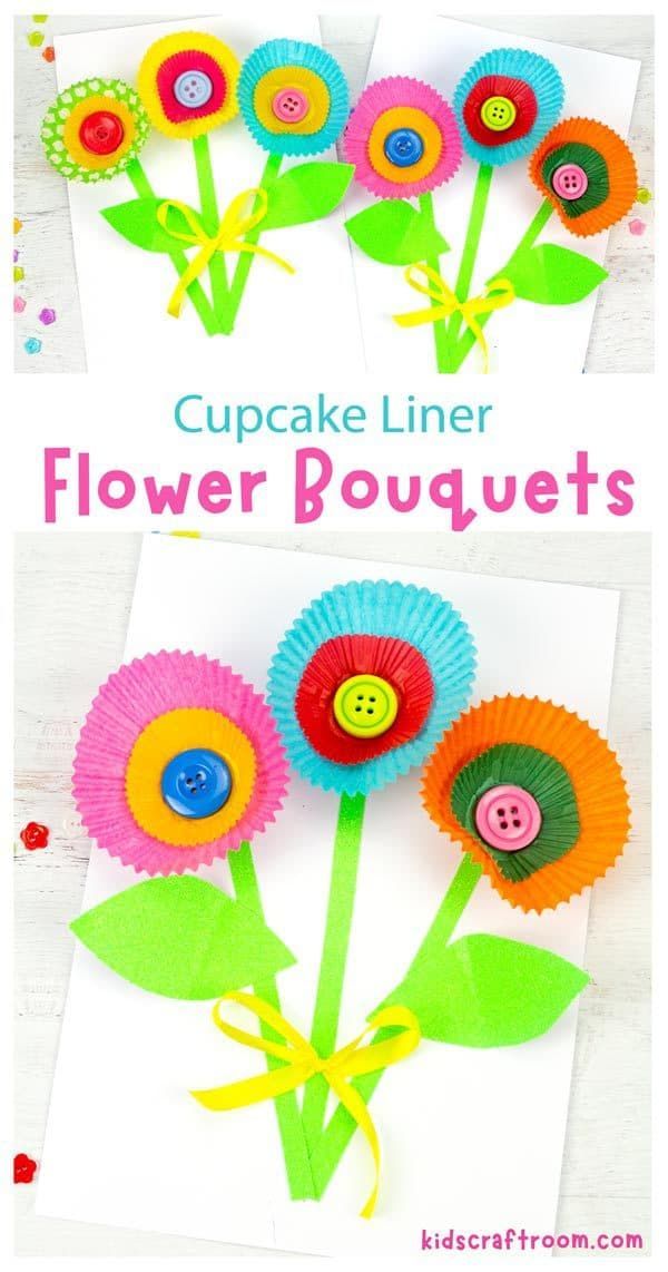 cupcake liner flower bouquets made with paper and button flowers are the perfect spring craft for kids