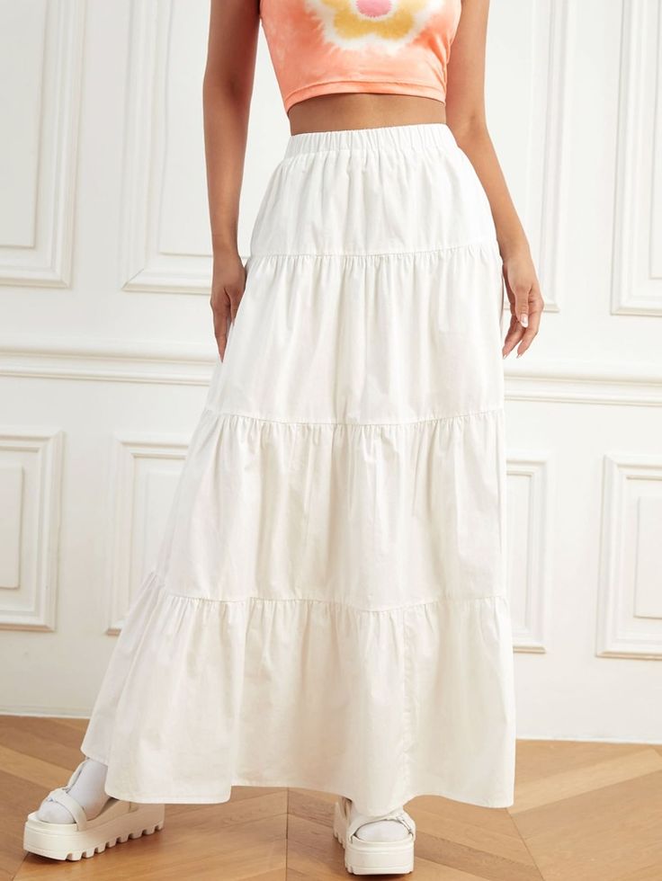 Free Returns ✓ Free Shipping On Orders $49+ ✓. SHEIN Elastic Waist Ruffle Hem Skirt- Women Skirts at SHEIN. White Flowy Skirt, White Skirt Summer, Looks Hippie, White Skirt Outfits, Rok Outfit, White Long Skirt, Ruffle Hem Skirt, White Maxi Skirts, Rock Outfit