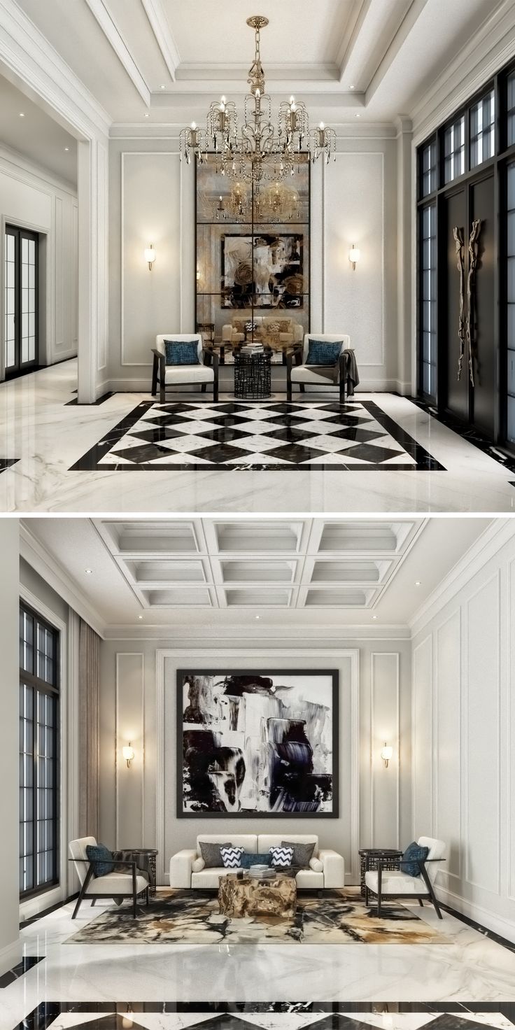 two pictures of a living room with black and white flooring, chandelier in the middle