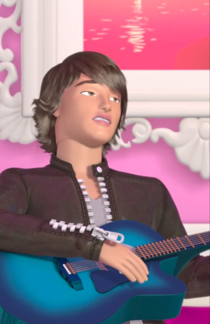 an animated man holding a blue guitar in front of a pink wall