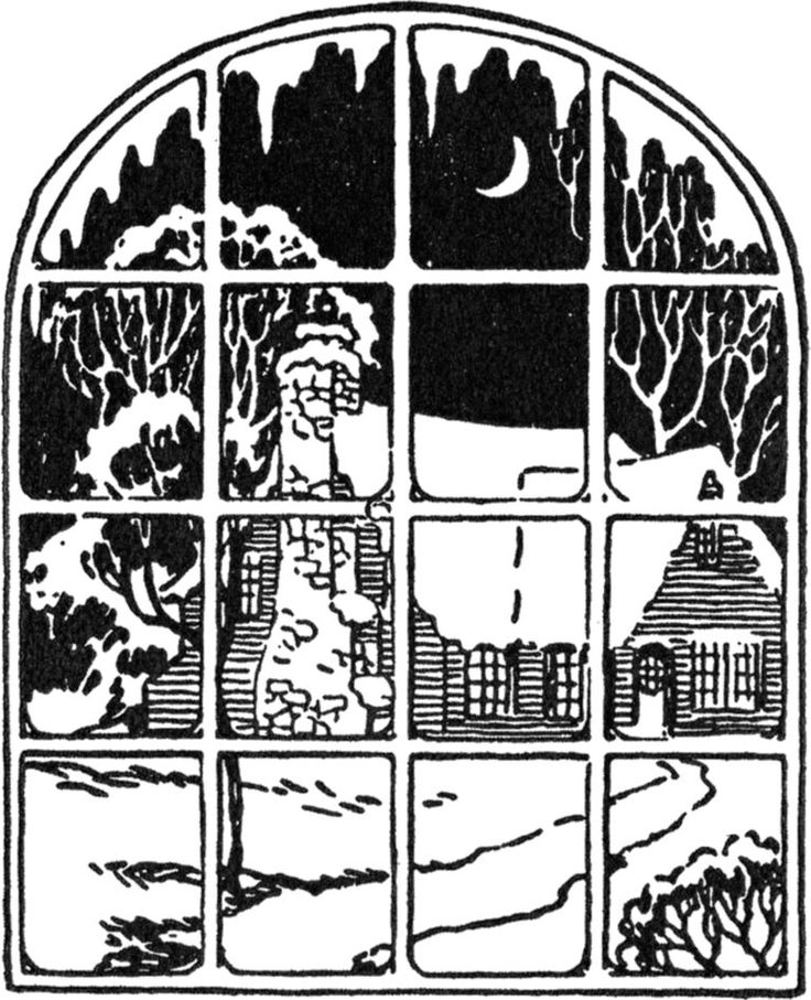 an image of a window with trees and houses in the background, vintage line drawing or engraving