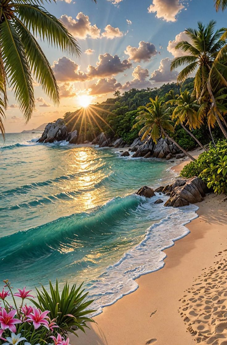 the sun shines brightly over an ocean beach with palm trees and flowers on it