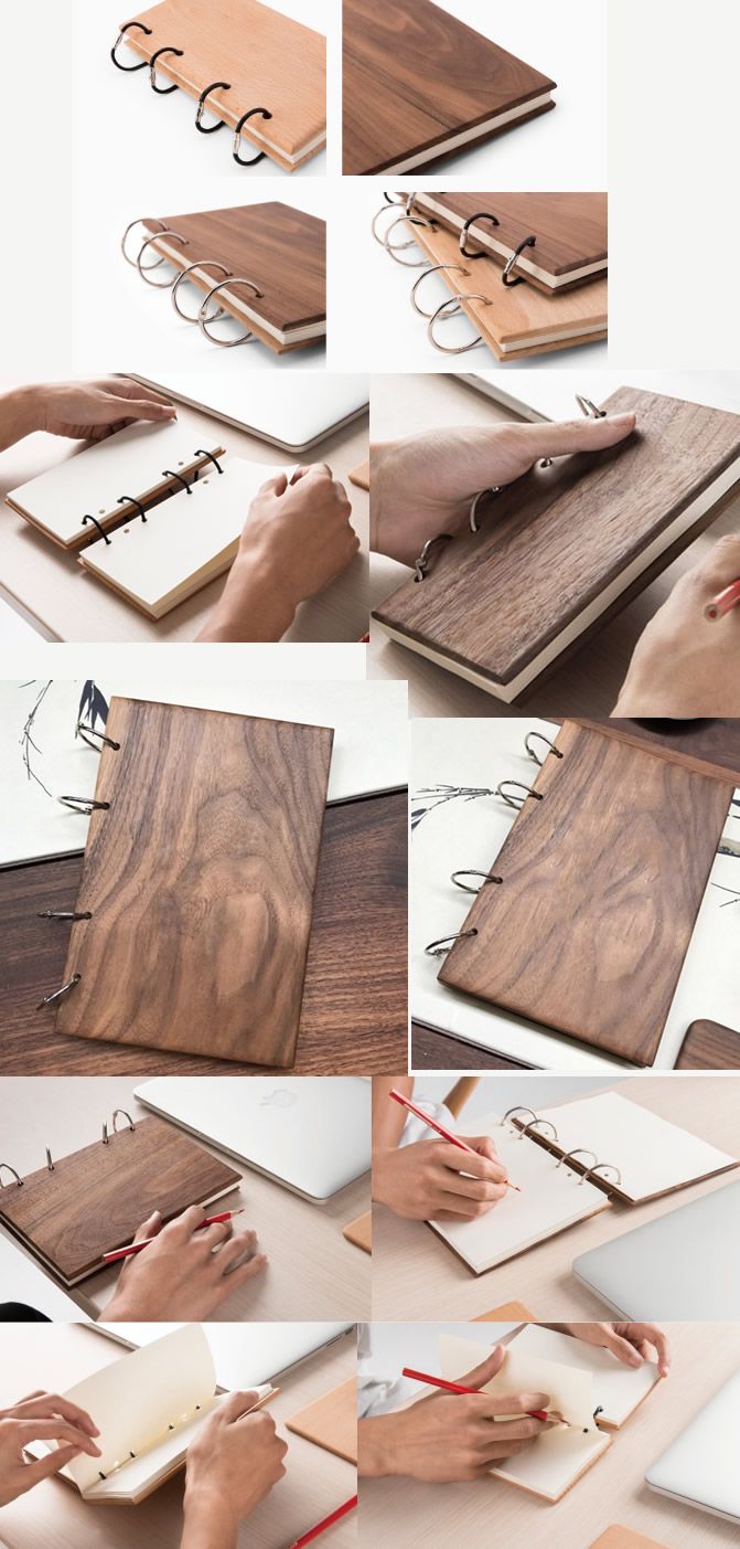 the process of making wooden notebooks with scissors and pencils is shown in multiple pictures