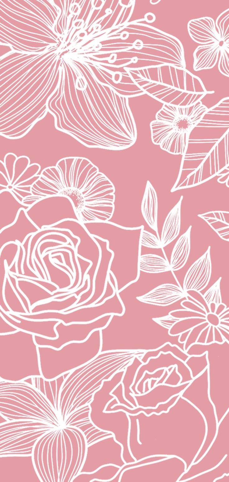 a pink background with white flowers and leaves on the bottom right corner is an illustration of roses