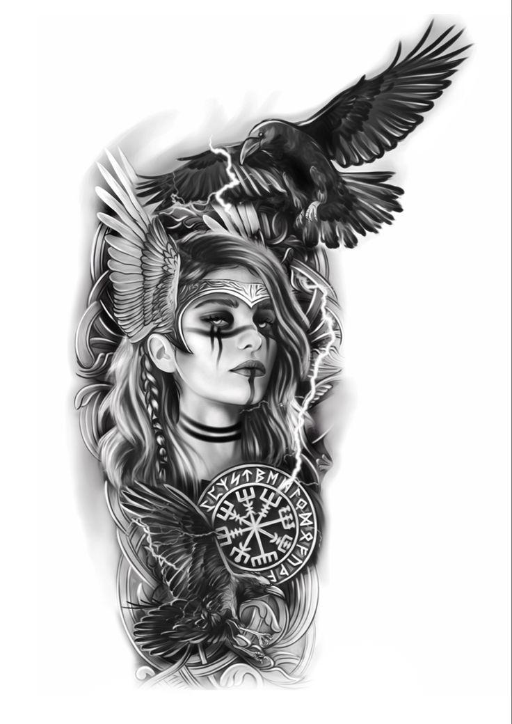 a woman with an eagle tattoo on her shoulder and head, holding a compass in her hand