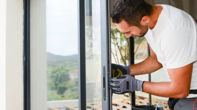 a man in white shirt and black gloves opening a glass door with an electric drill