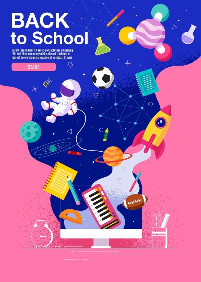 the back to school poster is shown with an image of a rocket ship and other objects