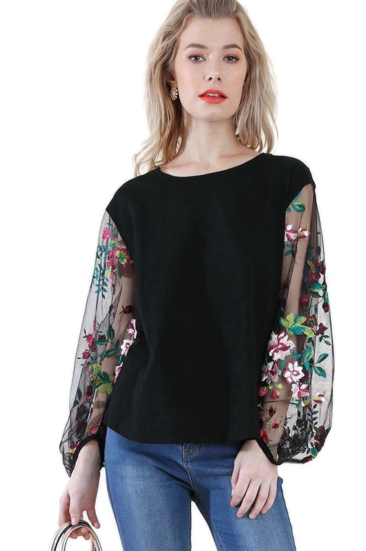 Be a wildflower in a field of roses in this boho beauty. This top features a scoop neckline, sheer embroidered puff sleeves, a knit body, a slight high low hemline, is light weight and has an a-line silhouette. Small: Bust 36" Length 25" : Med: B 38" L 25" : Large: B 40" L 25" 55% cotton 45% poly : Imported: Hand Wash Cold Sheer Puff Sleeve Top, Sheer Sleeves Top, Boho Beauty, Floral Embroidered Top, Lace Kimono, Embroidered Clothes, Sleeves Top, Puff Sleeve Top, Sheer Sleeves