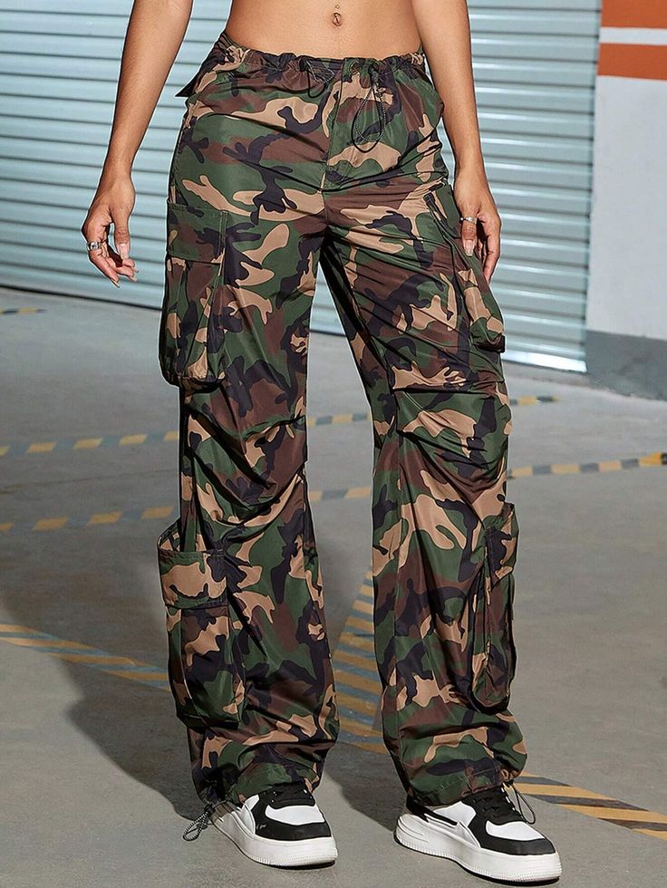 Embrace a unique and trendy style with our Camo Printed Ruched Cargo Pants. These pants feature a camo print that adds an adventurous vibe to your outfit. The ruched detailing on the sides adds a stylish touch, while the cargo pockets offer practicality and convenience. Upgrade your wardrobe with these fashion-forward camo printed cargo pants. Details: Style: Casual Pattern Type: Camo Type: Cargo Pants Closure Type: Zipper Fly Waist Line: High Waist Length: Long Fit Type: Regular Fit Fabric: Non Stretch Camouflage Bottoms With Pockets, Camouflage Cargo Pants For Fall, Fitted Camouflage Bottoms With Cargo Pockets, Fall Camouflage Cargo Bottoms, Stretch Military Camouflage Bottoms, Combat Cargo Style Bottoms For Summer, Summer Combat Cargo Style Bottoms, Summer Combat Cargo Bottoms, Summer Military Pants With Cargo Pockets