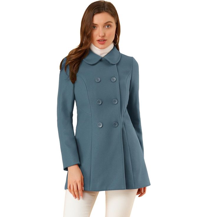 Timeless, sophisticated, and versatile, the regular-fit peacoat is an essential piece for your wardrobe. Cut in a short tailored silhouette with a doll collar, slanted pockets, and double-breasted front black buttons. Wear over chunky knitted jumpers and cute boots for a playful take on cold-weather textures. The fabric of this trench coat is soft, breathable, and comfortable to wear in winter, good quality, and chic. This fashionable and trendy clothes for women can not only be worn daily, but Winter Pea Coat, Blue Clothing, Winter Outwear, Doll Collar, Double Breasted Trench Coat, Long Trench, Long Trench Coat, Collars For Women, Pea Coat