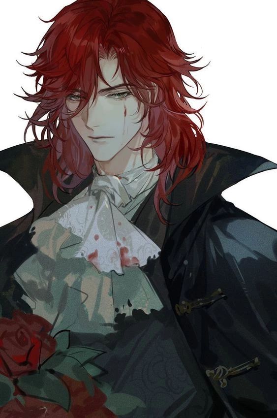 an anime character with red hair wearing a black coat and holding a rose in his hand