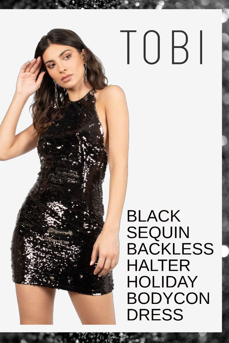 Sparkle all night in this black sequin backless halter holiday bodycon dress. Can you imagine getting dress up cocktail party gowns for Christmas and New Year's Eve outfits on sale? Now's your chance to save. Why pay more when you can get sparkly winter festivity clothing and beautiful formal attire for ladies at affordable prices from TOBI. #shoptobi #holidaydress #bodycondress Cocktail Party Gowns, Semi Formal Cocktail Dress, Black Sequin Bodycon Dress, Long Sleeve Bodycon Midi Dress, Halter Bodycon Dress, Trendy Jumpsuit, Living My Best Life, My Best Life, Shimmer Dress