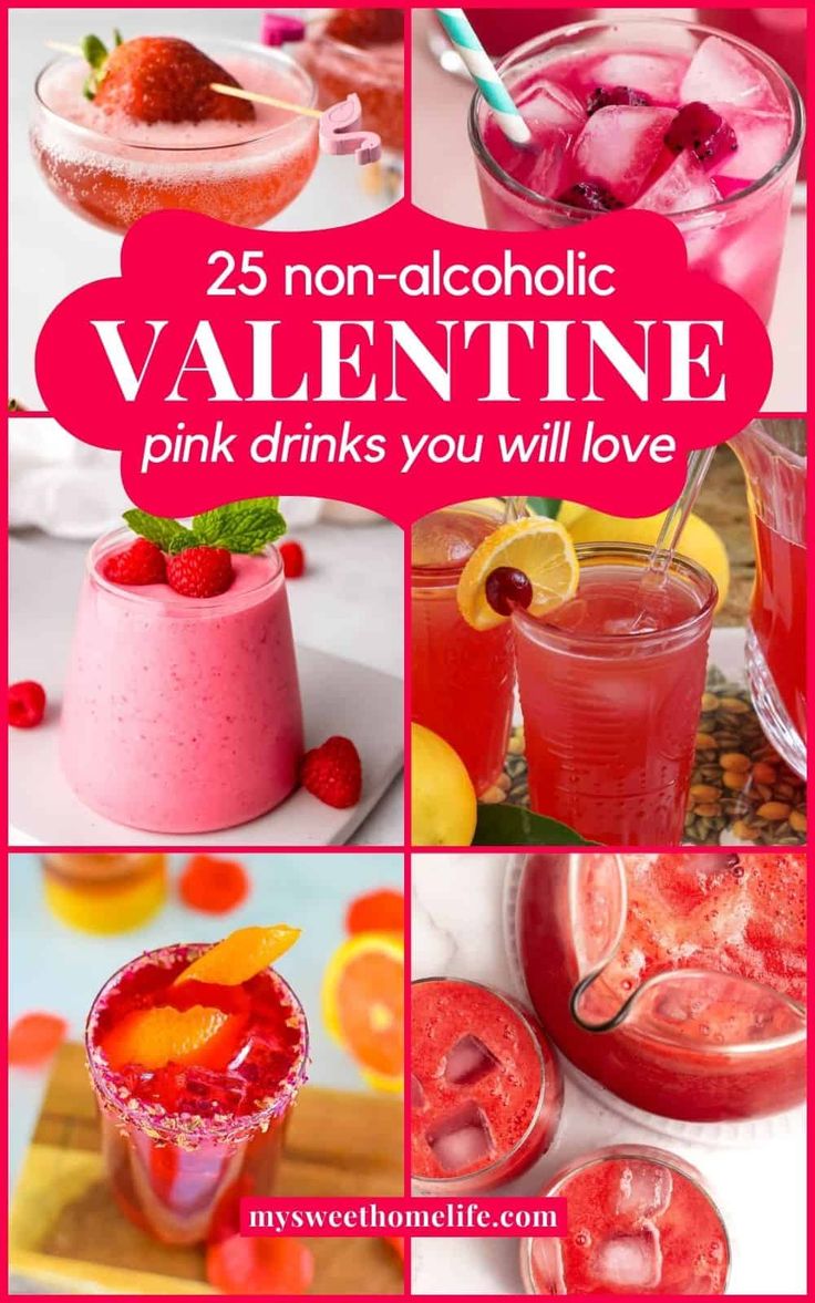 pink drinks with strawberries and lemons are featured in this collage for valentine's day