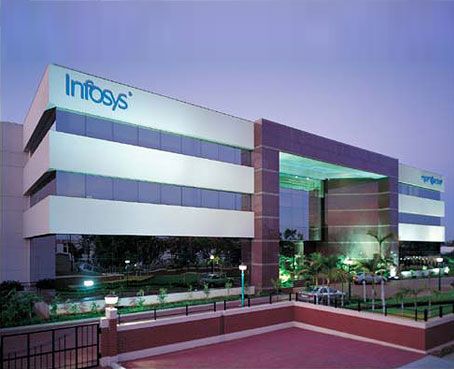 an office building lit up at night with the word infoss on it's side