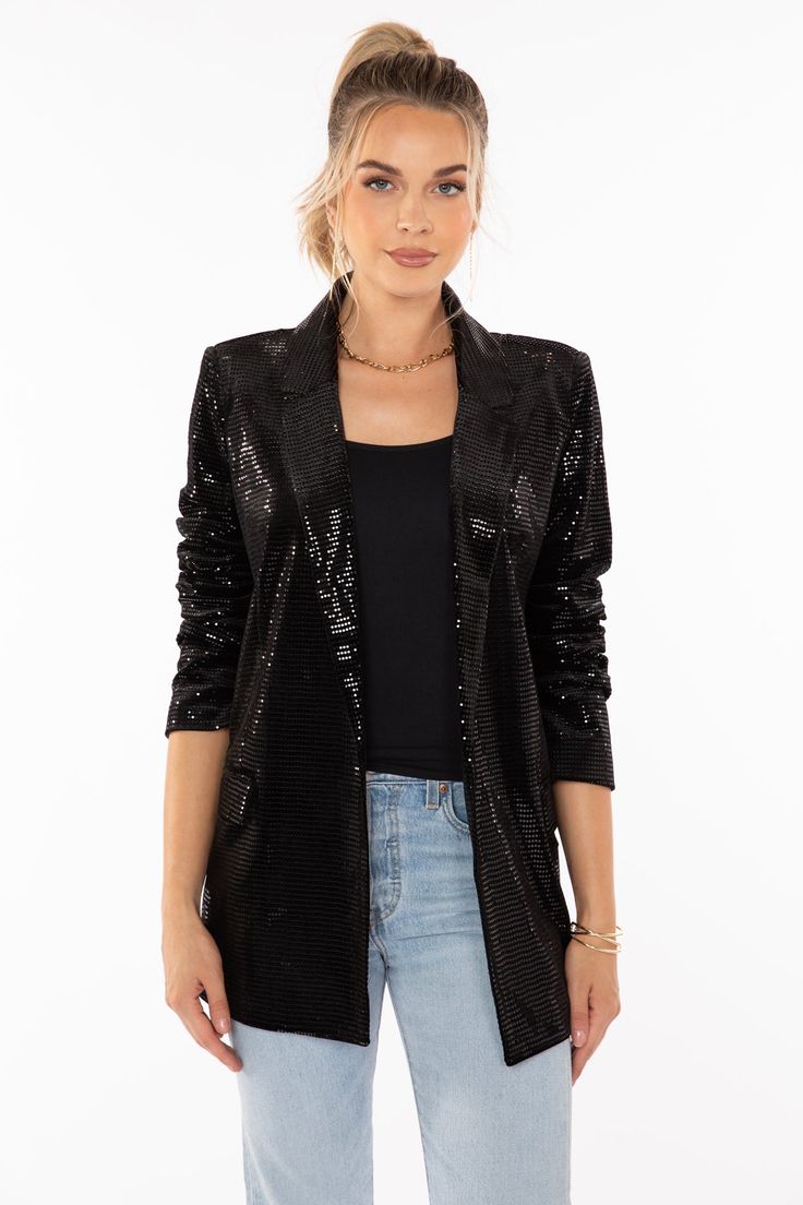 K6CJK2429-BLACK Steal The Night Blazer -95% Polyester 5% Spandex | Lining: 89% Polyester 11% Spandex -True to size -Model is 5'9, wearing size S Sleek Fall Outerwear For Party, Sleek Outerwear For Party In Fall, Sleek Fall Party Outerwear, Fitted Metallic Blazer For Night Out, Glamorous Holiday Workwear Outerwear, Glamorous Metallic Blazer For Night Out, Spring Outerwear With Glitter For Night Out, Spring Night Out Blazer With Sequins, Winter Sequin Blazer