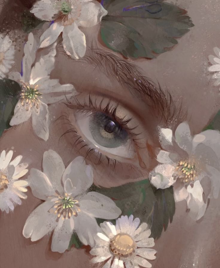 a woman's eye surrounded by flowers and leaves