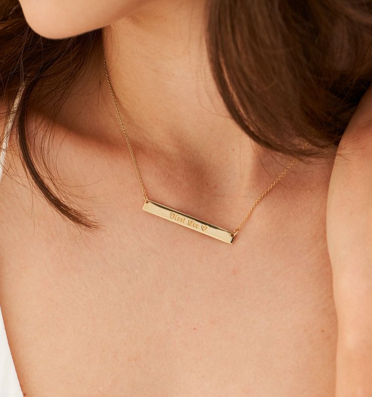 This Bar Necklace has a larger canvas that let you engrave the front and the flip side with names, initials, coordinates and more. Made to carry what matters most.
Find our bar bracelet here. Meaningful Rectangular Jewelry For Everyday Use, Meaningful Everyday Rectangular Jewelry, Engraved Nameplate Necklace For Her, Engraved Nameplate Necklace As Gift For Her, Luxury Engraved Nameplate Necklace As Gift For Her, Luxury Engraved Nameplate Necklace For Her, Elegant Nameplate Charm Necklace For Mom, Dainty 14k Gold Bar Necklace Gift, Elegant Rose Gold Bar Necklace For Gift