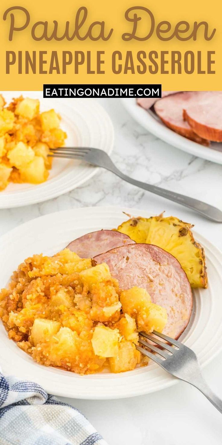 pineapple casserole with ham and potatoes on a white plate