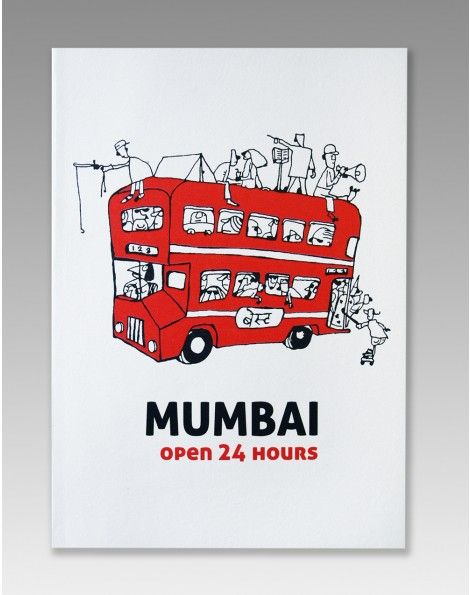 a red double decker bus with the words mumbai open 24 hours on it's side