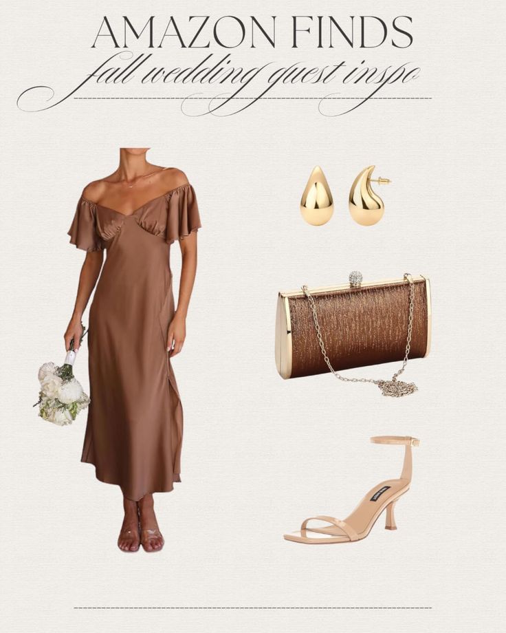 a woman in a brown dress and accessories for her wedding day, with the words amazon finds