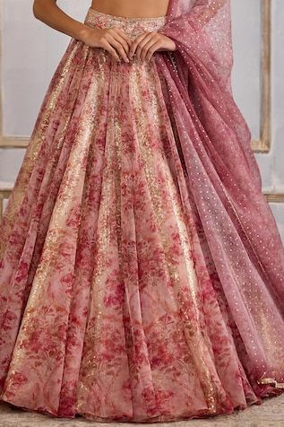 Blush pink attached cancan lehenga with floral print and sequin, zari thread embroidery. Paired with sleeveless embroidered padded blouse and gold foil printed dupatta. - Aza Fashions Cancan Lehenga, Lehenga Pattern, Padded Blouse, Printed Dupatta, Hem Blouse, Gold Foil Print, Thread Embroidery, Indian Style, Sweetheart Neck