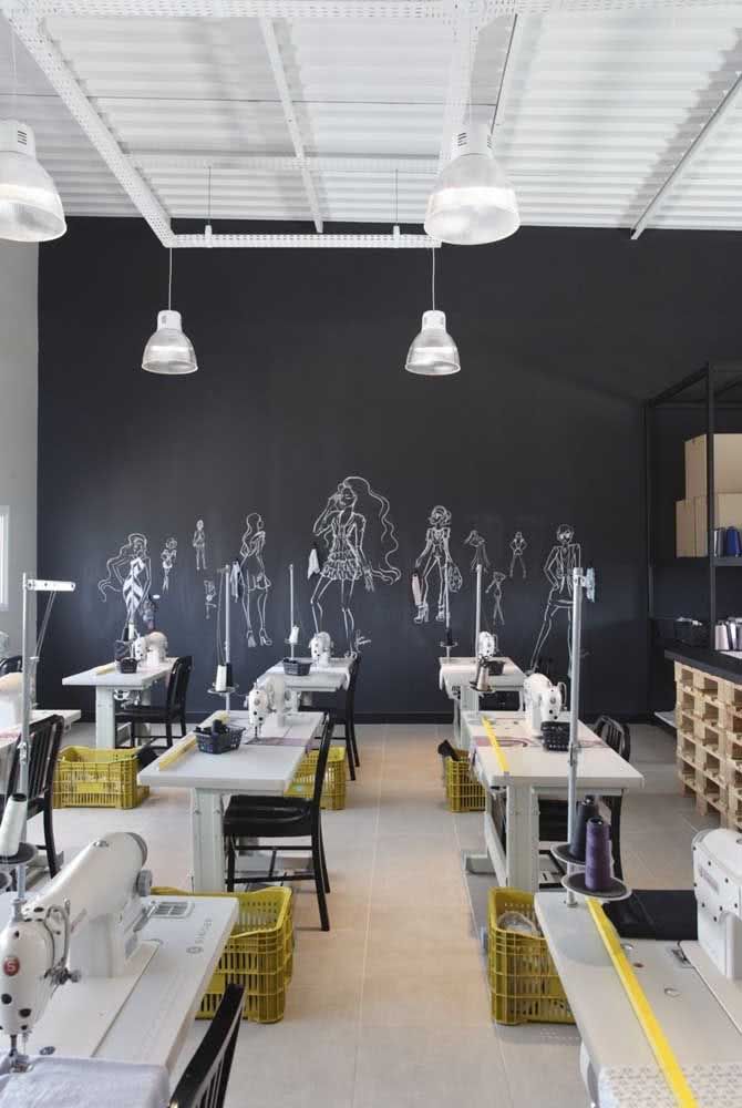 an industrial sewing room with lots of tables and chairs in front of a black wall that has skeleton drawings on it