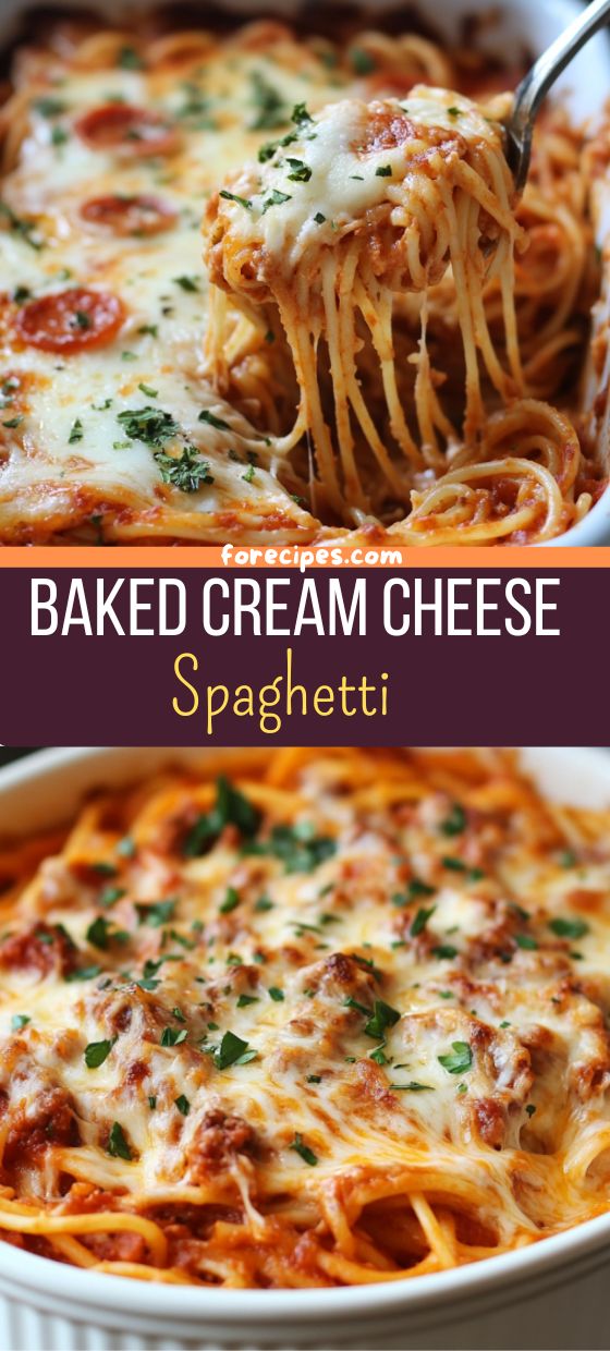 baked cream cheese spaghetti in a casserole dish