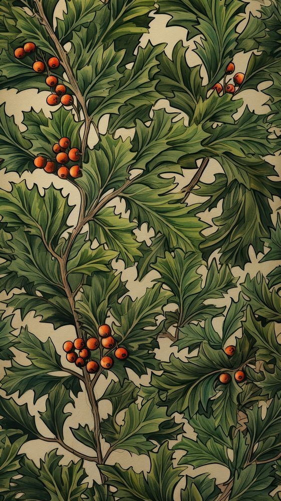 an image of a wallpaper with holly leaves and berries on the branches in green