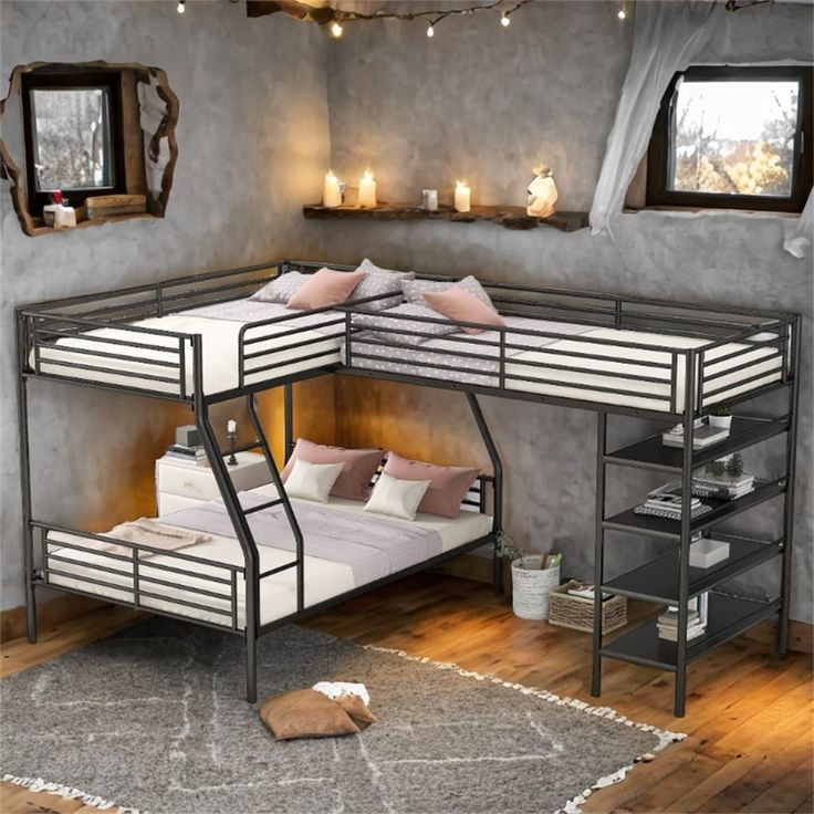 a loft bed with a desk underneath it in a room that has wooden floors and walls