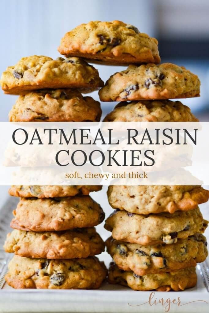 oatmeal raisin cookies stacked on top of each other with text overlay