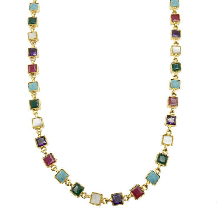 Multi Stone Square Mala Necklace front view 22k Gold Multi-stone Necklace, Gold Multi-stone Emerald Necklace Gift, Multicolor 22k Gold Necklace For Gift, Multicolor 22k Gold Necklace Gift, Luxury 22k Gold Gemstone Necklace, Elegant Multicolor 22k Gold Necklaces, Multi Necklace, Stone Necklaces, Square Necklace